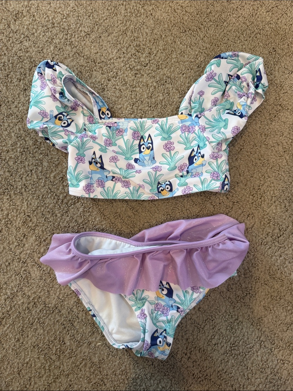 Girls Purple & White Bluey Print Ruffle Bikini - Kids Swim
